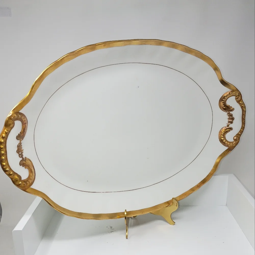 Elegant Limoges Gold and White Oval Serving Platter